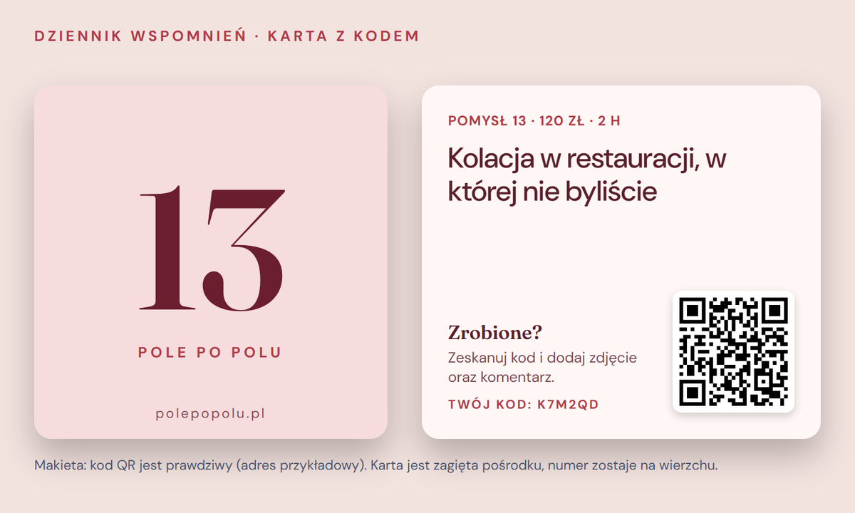 Karta Dziennika wspomnień dla zakochanych z kodem QR i kodem zestawu