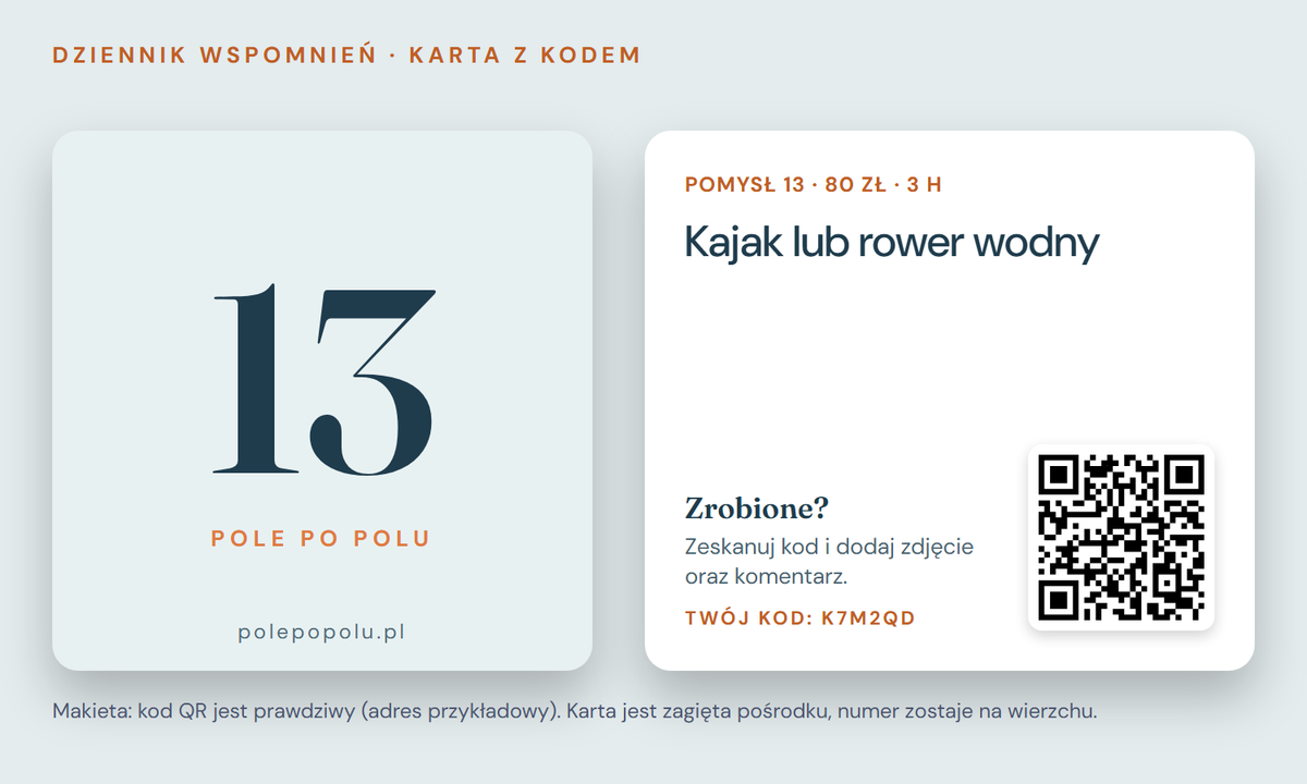 Karta Dziennika wspomnień o weekendach we dwoje z kodem QR i kodem zestawu