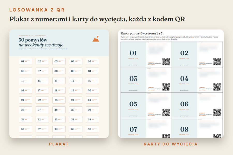Losowanka z QR: plakat z numerami i karty do wycięcia, każda z kodem QR