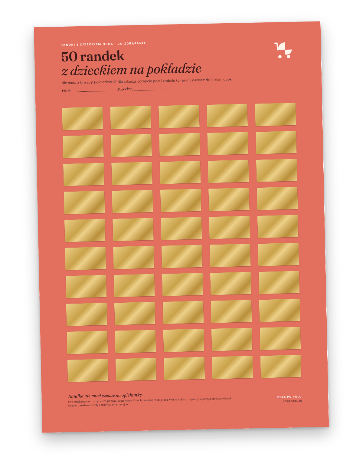 Plakat zdrapka A3: 50 randek z dzieckiem na pokładzie, cały plakat ze złotymi zdrapkami