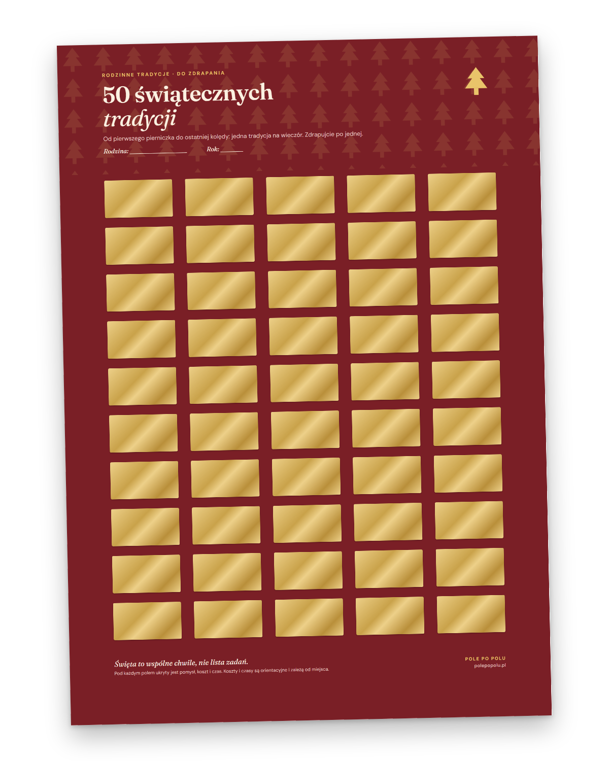 Plakat zdrapka A3: 50 świątecznych tradycji, cały plakat ze złotymi zdrapkami
